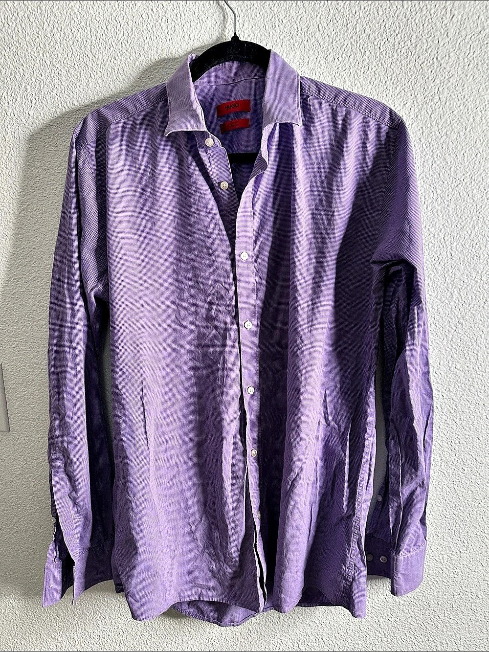 Hugo Boss Slim Fit Checkered Cotton Button Down in Purple Large fits like M
